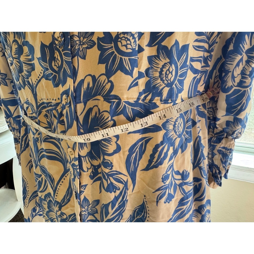 Blue Floral Button Down Shirt Dress Smocked Cuff Elastic Waist Midi Blue Cream - Picture 6 of 7